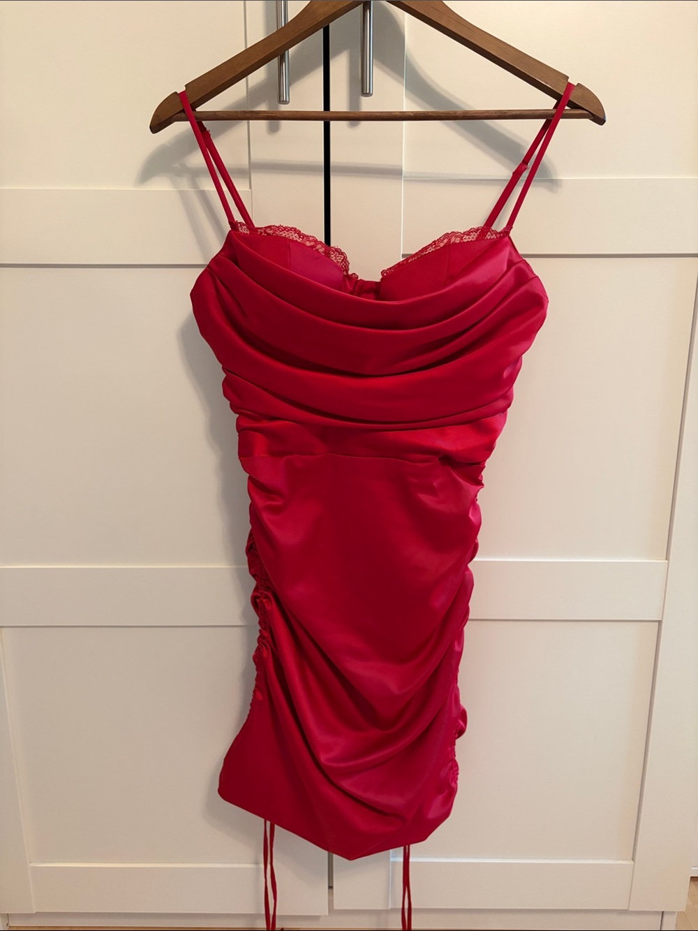 Oh Polly Red Satin Ruched Chemise with Lace Trim
